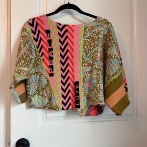 Urban Outfitters Brianna Intarsia Knit Cropped Sweater Peace Love Multicolor Med